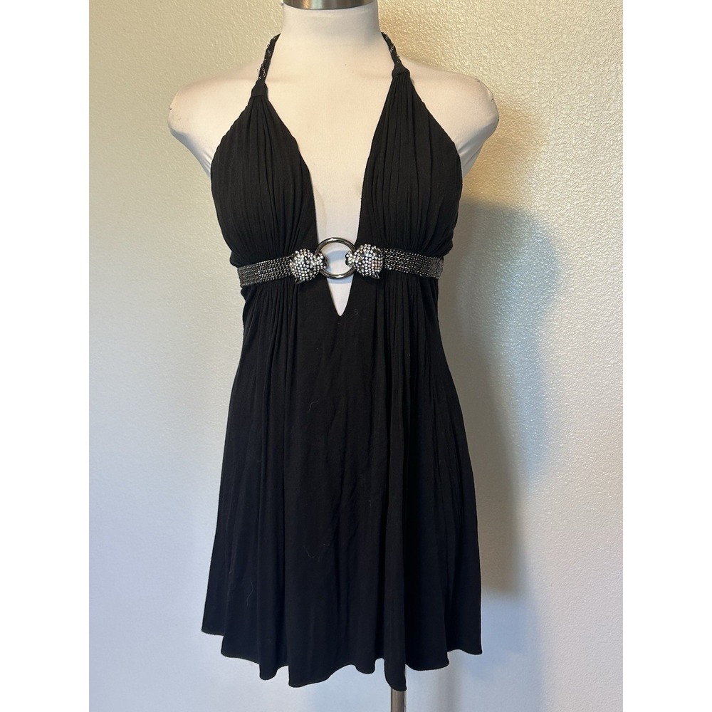 Vintage SKY Brand Black Mini Halter Dress sz.Medium Y2K  Jaguar Crystals Chains